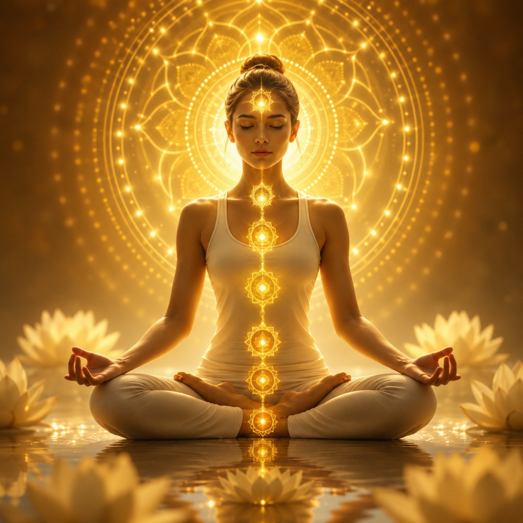 Yogic practitioner in lotus pose with illuminated chakras and radiant mandala